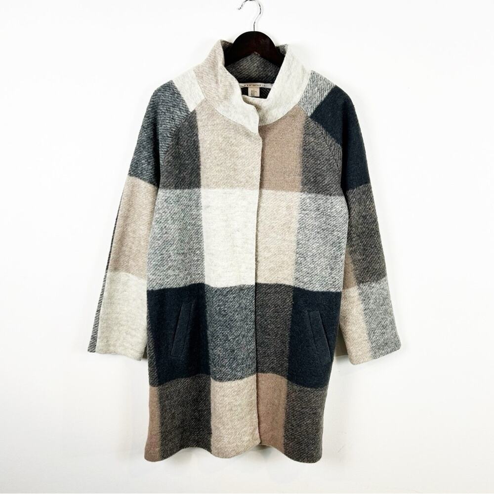 Max Studio Plaid Coat in Cream, Gray, and Tan